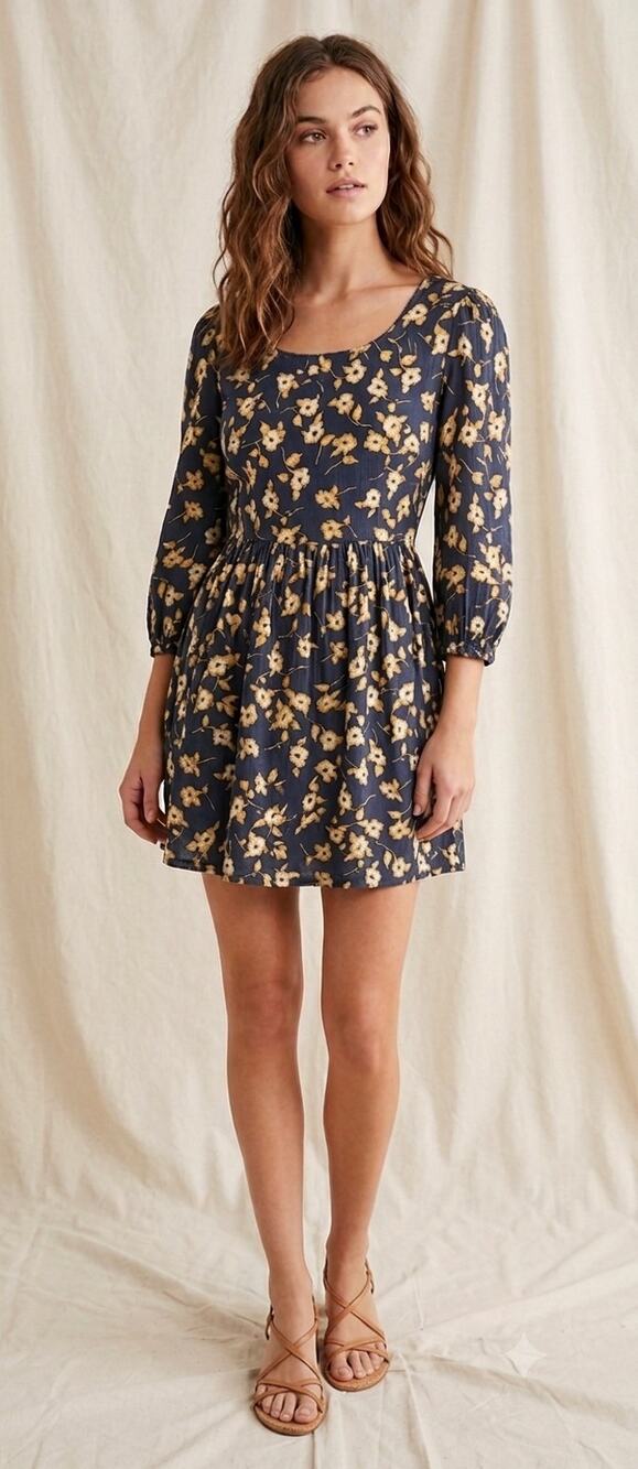 Free People Black Yellow Floral Cotton Blend Mini Dress US 0